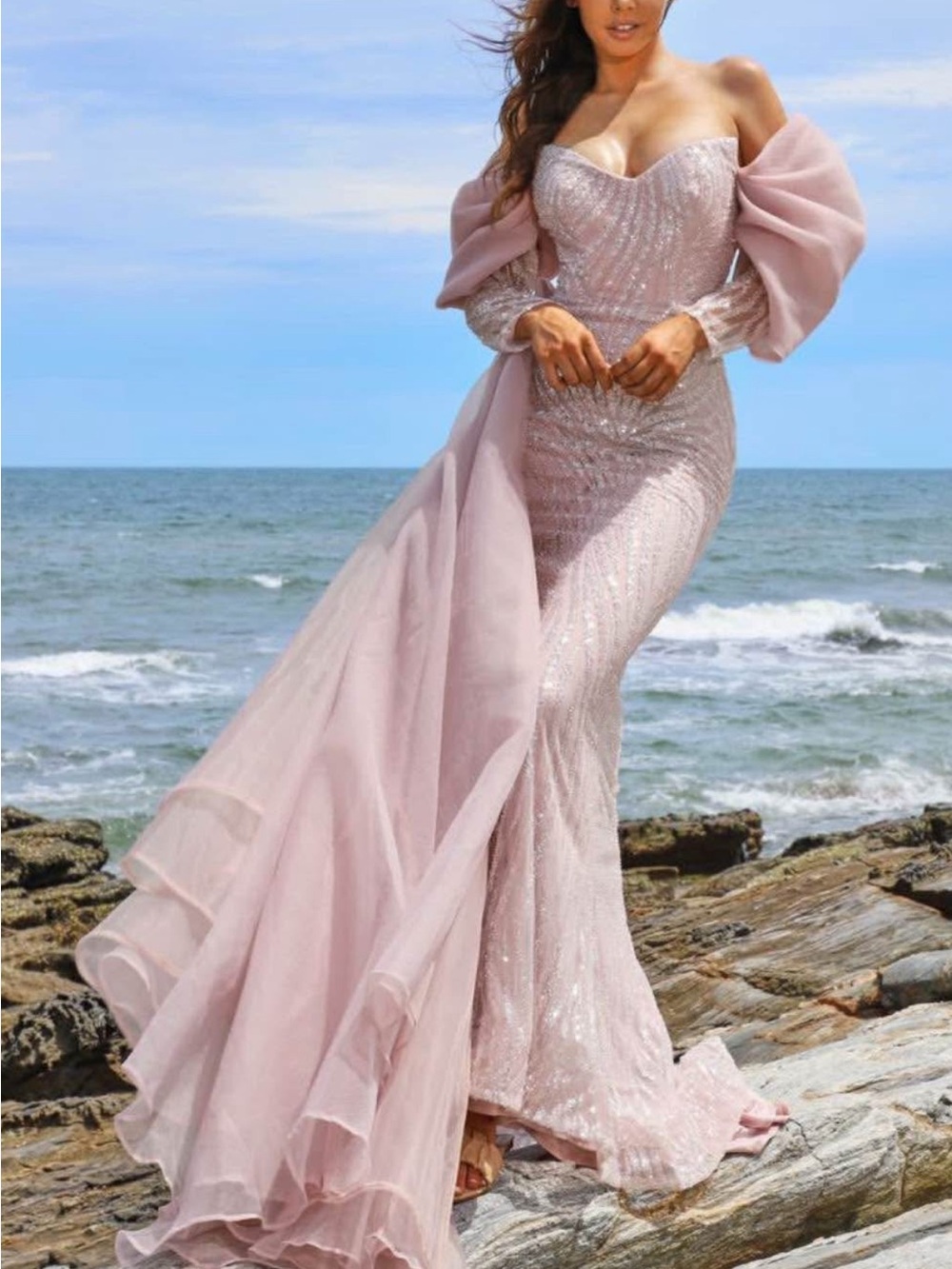 Blush Pink Off-Shoulder Sequin Evening Gown
